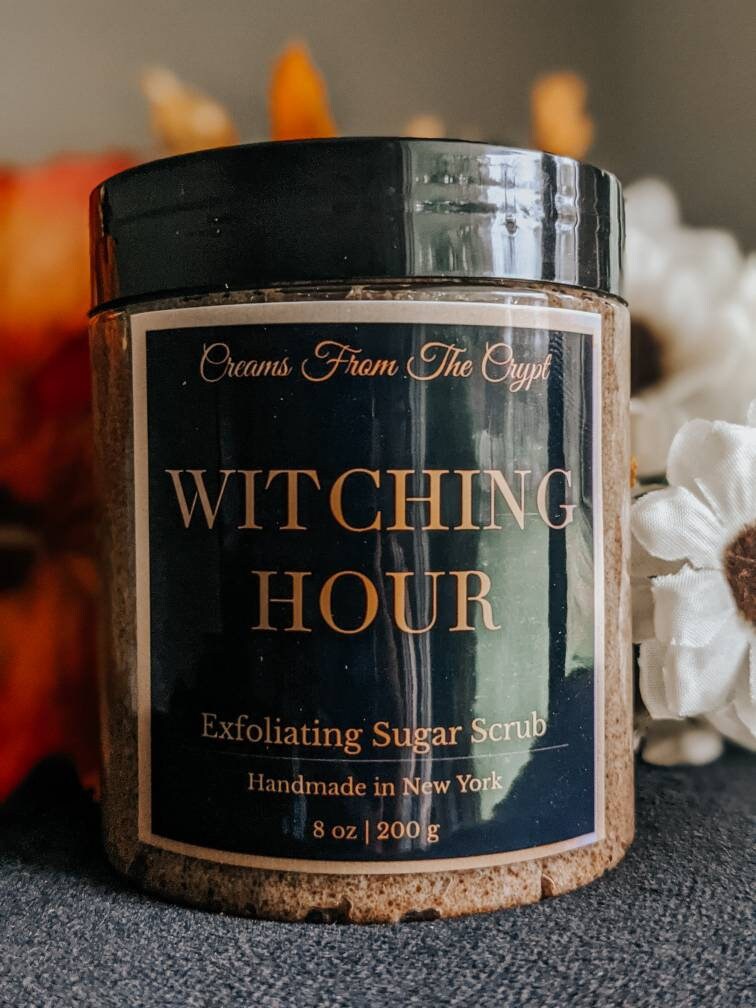 WITCHING HOUR - Mums + Fruit Sugar Scrub, Vegan skincare, Exfoliating, Shea and Mango Butter, Whipped Body Scrub, Floral, Fall Scent, Goth