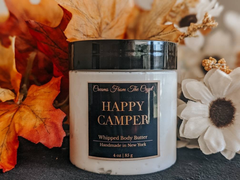 HAPPY CAMPER - Toasted marshmallow scented, Vegan whipped body butter, Shea, mango butter, moisturizer, gothic skincare, fall fragrance