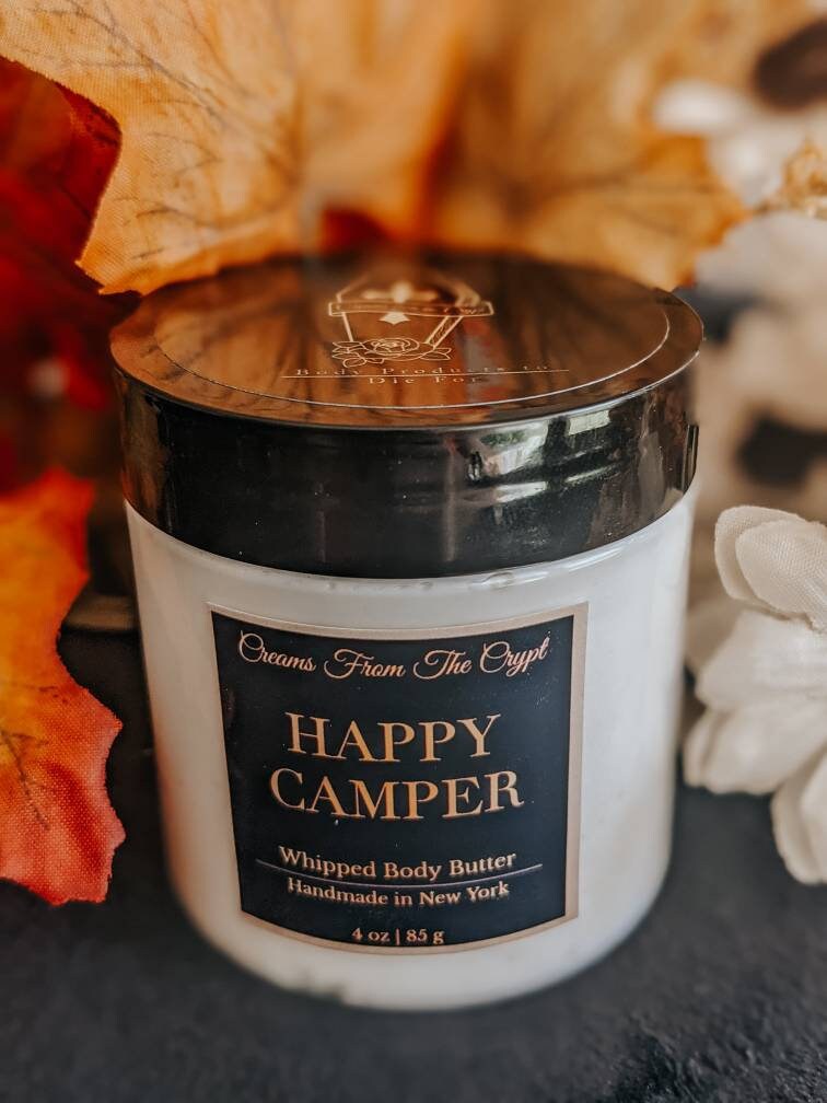 HAPPY CAMPER - Toasted marshmallow scented, Vegan whipped body butter, Shea, mango butter, moisturizer, gothic skincare, fall fragrance