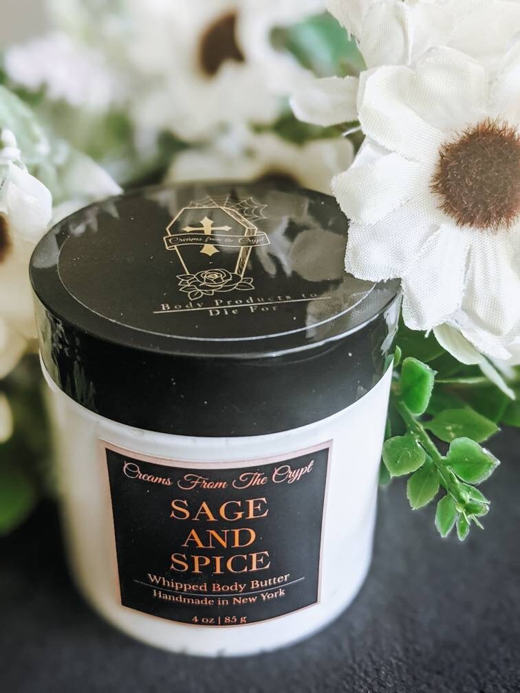 SAGE AND SPICE - Vegan whipped body butter, Shea, mango butter, moisturizer, gothic skincare, sage and clove fragrance, holiday scented