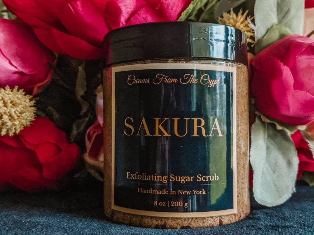 SAKURA - Cherry Blossom Sugar Scrub, Vegan skincare, Whipped, Emulsified, Exfoliating, Shea and Mango Butter, Body Scrub, Floral, Gothic