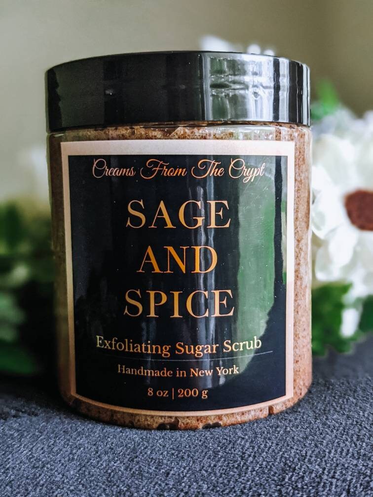 SAGE AND SPICE - Sugar Scrub, Vegan skincare, Emulsified, Exfoliating, Shea and Mango Butter, Body Scrub, Holiday Scent, Unisex, Seasonal