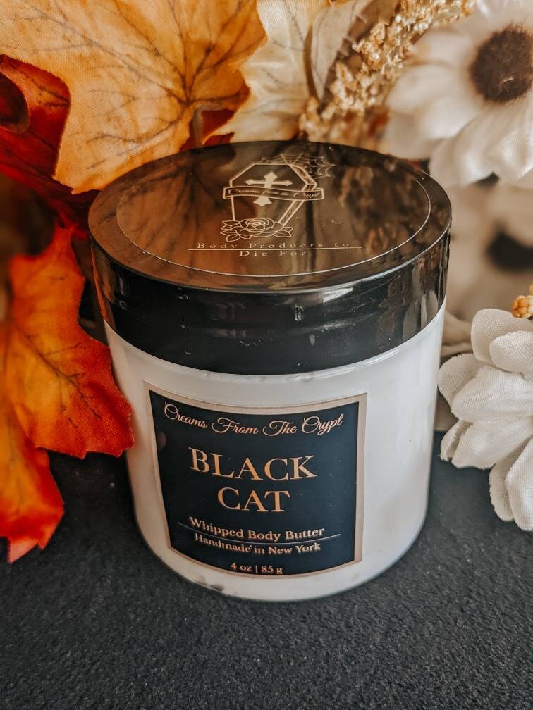 BLACK CAT - Bergamot & mahogany scented, Vegan whipped body butter, Shea, mango butter, moisturizer, gothic skincare, fall fragrance unisex
