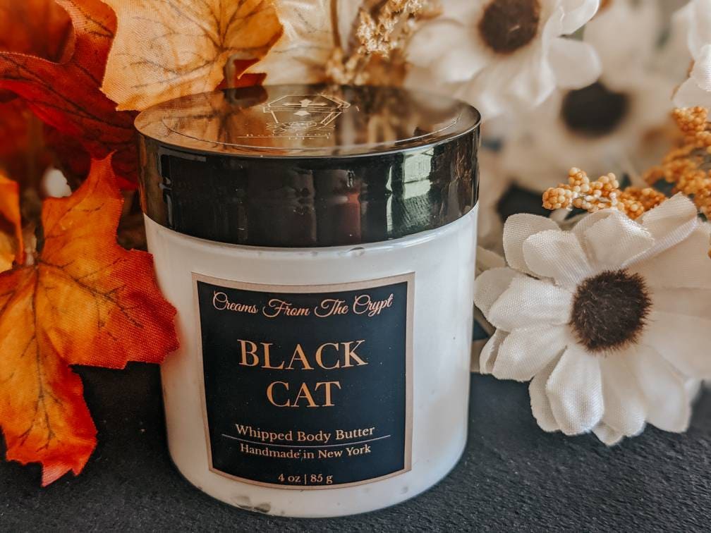 BLACK CAT - Bergamot & mahogany scented, Vegan whipped body butter, Shea, mango butter, moisturizer, gothic skincare, fall fragrance unisex