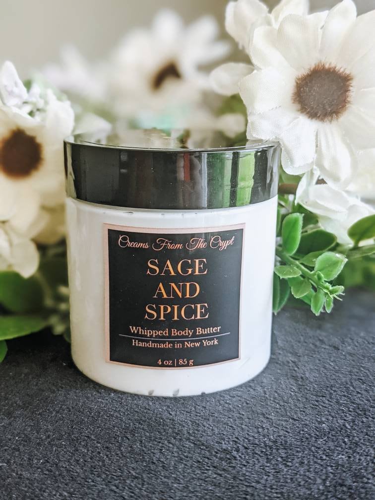 SAGE AND SPICE - Vegan whipped body butter, Shea, mango butter, moisturizer, gothic skincare, sage and clove fragrance, holiday scented