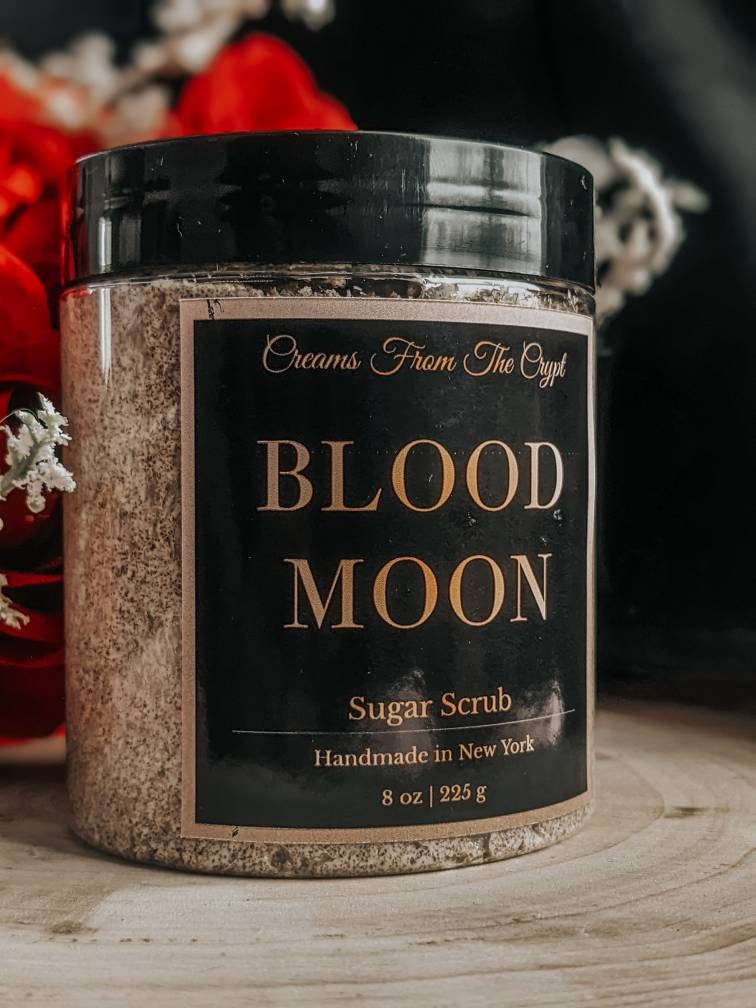 BLOOD MOON - Strawberry scented Sugar Scrub, Vegan skincare, Exfoliating, Shea and Mango Butter, Whipped Body Scrub, Fruity fragrance