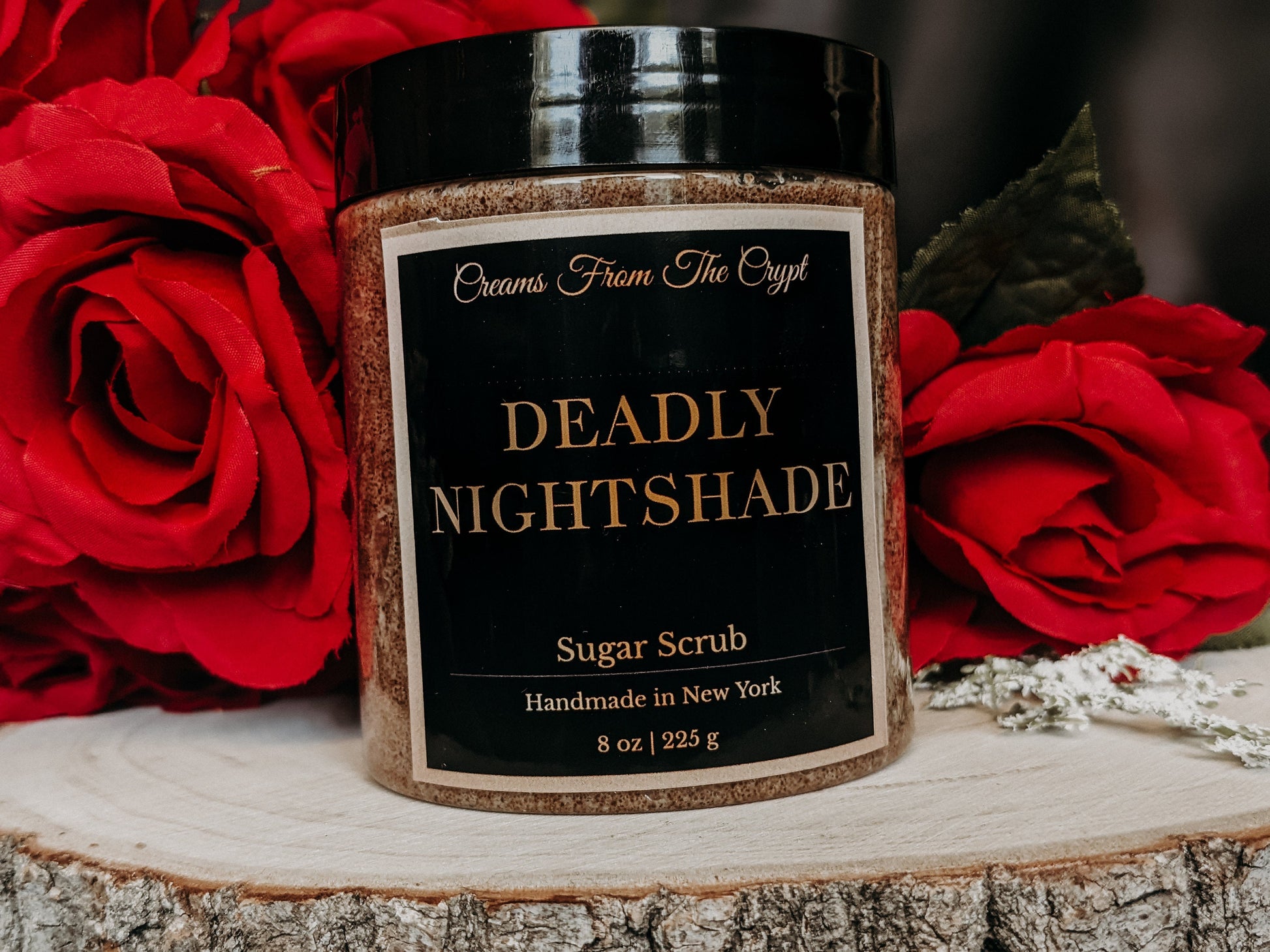 DEADLY NIGHTSHADE - Floral Sandalwood Scented Sugar Scrub, Vegan skincare, Exfoliate, Shea, Mango Butter, Body Scrub, Fragrance, Bath Gift