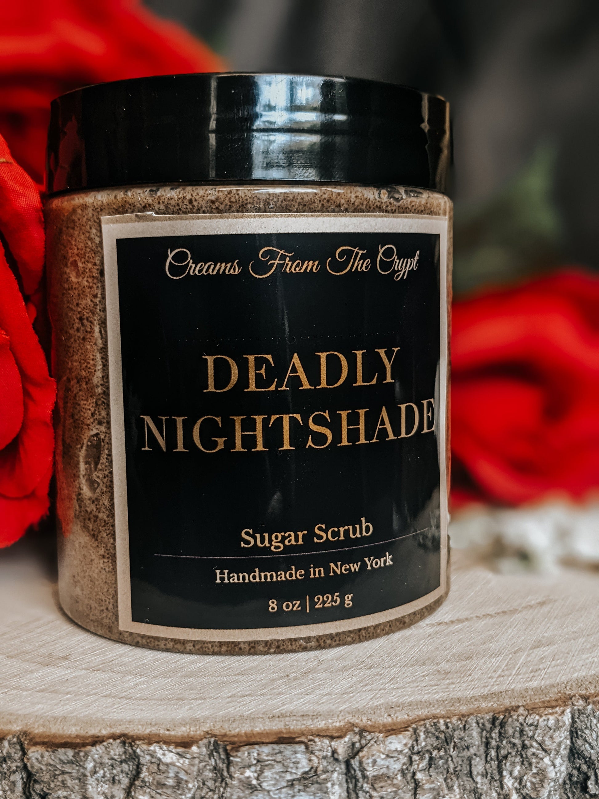 DEADLY NIGHTSHADE - Floral Sandalwood Scented Sugar Scrub, Vegan skincare, Exfoliate, Shea, Mango Butter, Body Scrub, Fragrance, Bath Gift