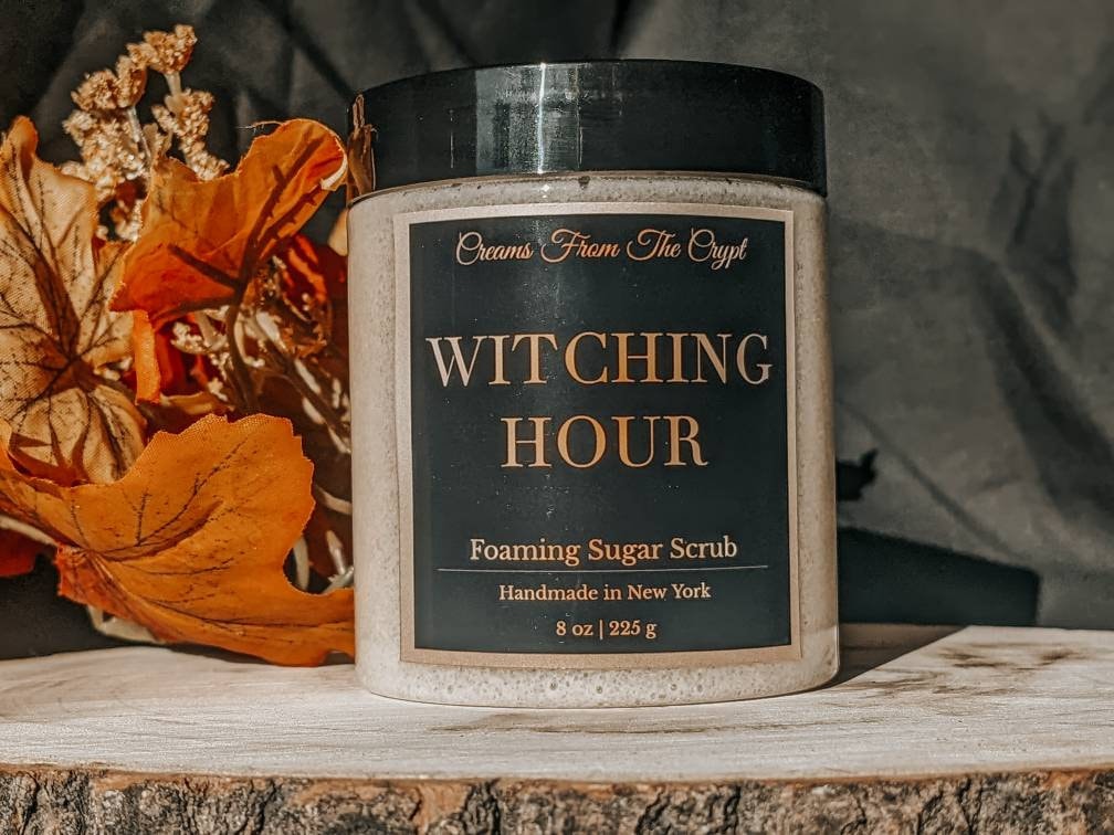 WITCHING HOUR - Mums and Fruit scented Foaming sugar scrub, body polish, soap + exfoliant, fall fragrance, sulfate free, gothic skincare