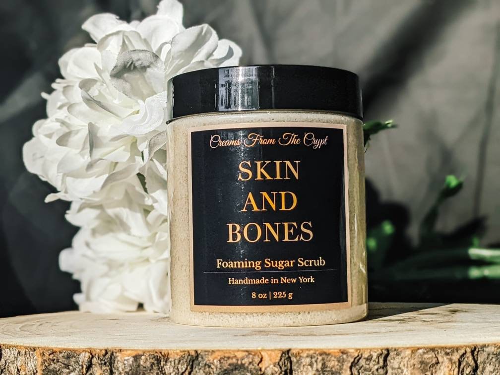 SKIN AND BONES - Unscented Foaming sugar scrub, body polish, soap + exfoliant, sensitive skin, sulfate free, gothic skincare, witchy glam
