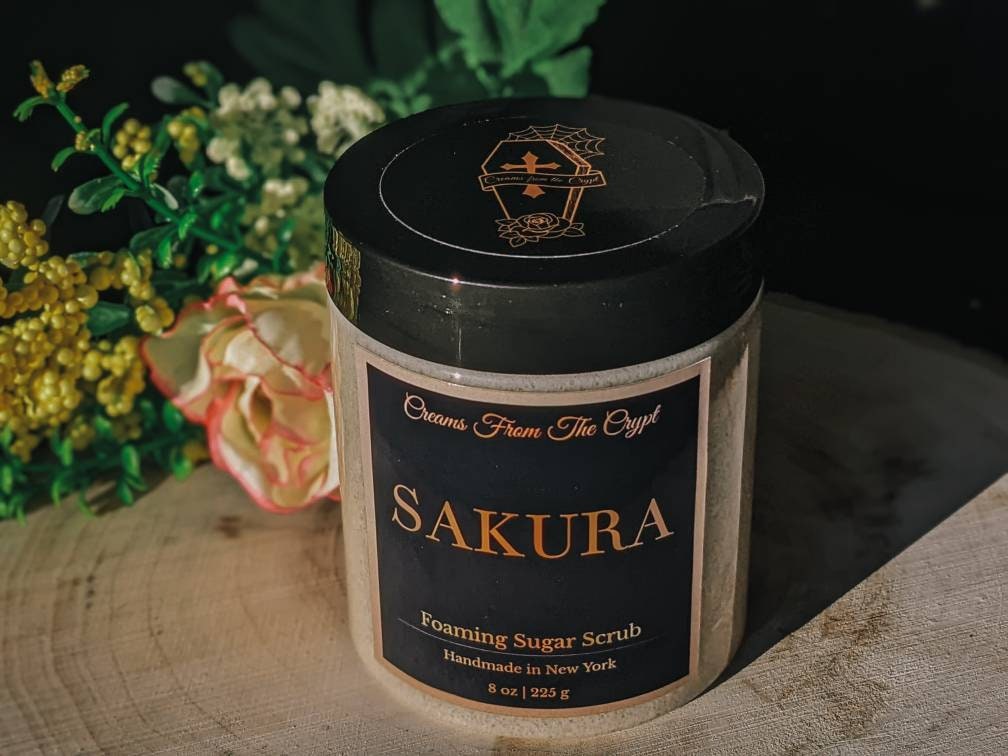SAKURA - Japanese Cherry Blossom Foaming sugar scrub, body polish, soap + exfoliant, floral fragrance, sulfate free, gothic skincare, gift