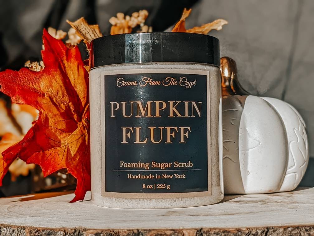 PUMPKIN FLUFF - Marshmallow Pumpkin Foaming sugar scrub, body polish, soap + exfoliant, sweet fall fragrance, sulfate free, gothic skincare