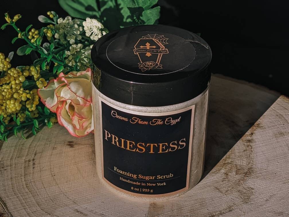 PRIESTESS - Lavender Peach Foaming sugar scrub, body polish, soap + exfoliant, floral fruity fragrance, sulfate free, gothic skincare