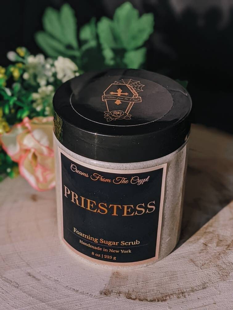 PRIESTESS - Lavender Peach Foaming sugar scrub, body polish, soap + exfoliant, floral fruity fragrance, sulfate free, gothic skincare