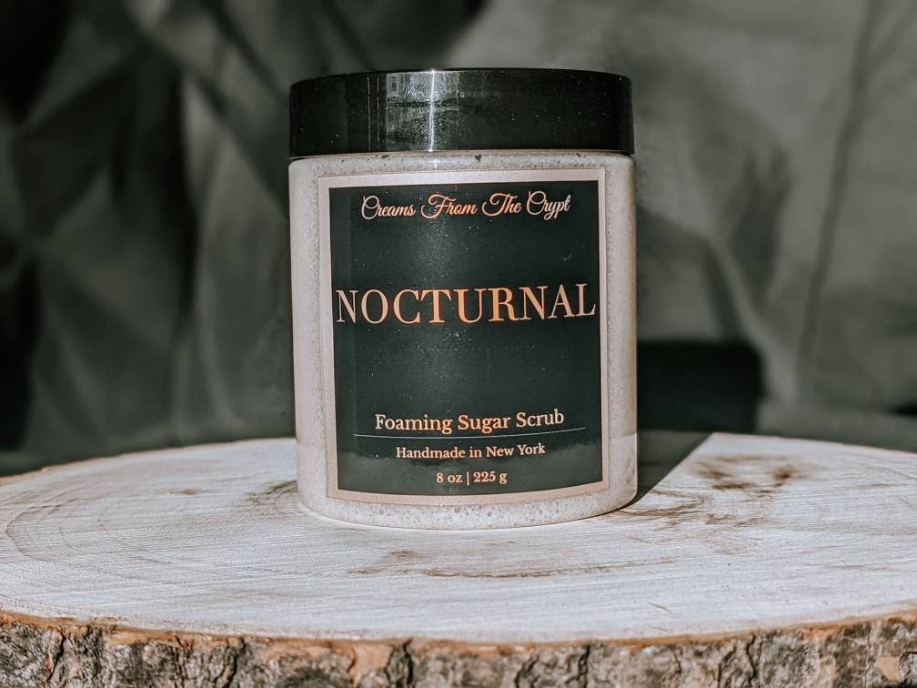 NOCTURNAL - Bourbon and Oak Foaming sugar scrub, body polish, soap + exfoliant, unisex fragrance, sulfate free, gothic skincare, gift