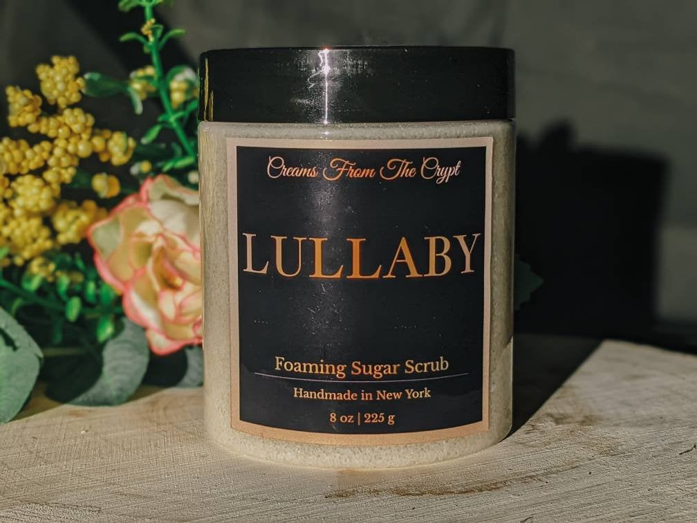 LULLABY - Grape and Peach Foaming sugar scrub, body polish, soap + exfoliant, fruity summer fragrance, sulfate free, gothic skincare