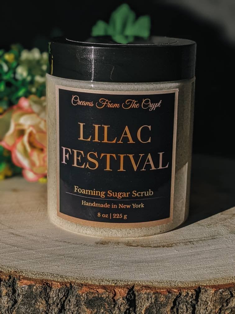 LILAC FESTIVAL - Fresh Lilacs Foaming sugar scrub, body polish, soap + exfoliant, spring floral fragrance, sulfate free, gothic skincare