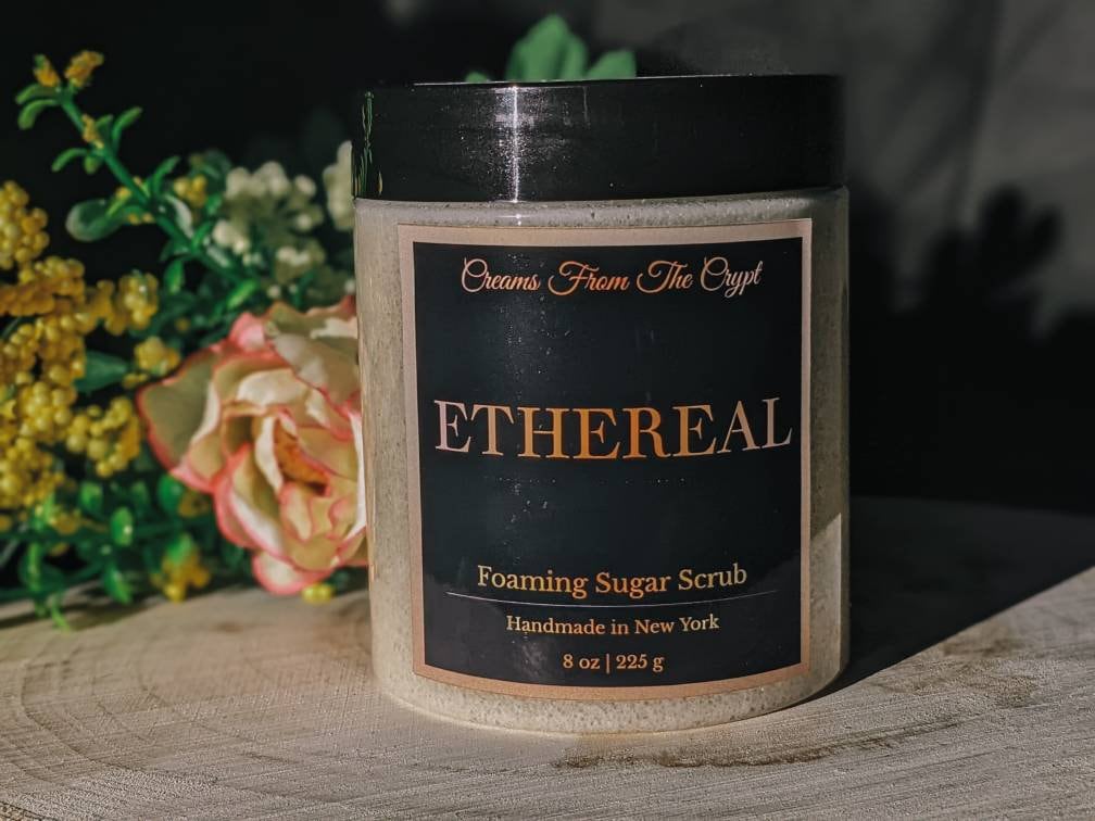 ETHEREAL - Bergamot + Green Tea Foaming sugar scrub, body polish, soap + exfoliant, floral fragrance, sulfate free, gothic skincare