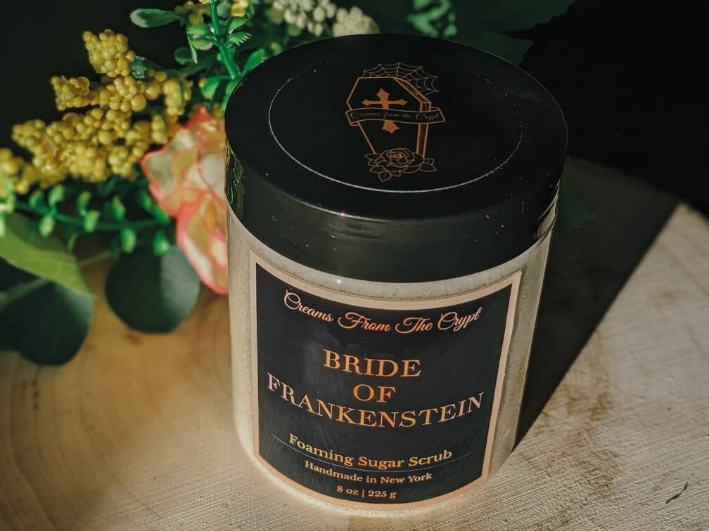 BRIDE OF FRANKENSTEIN- Raspberry Vanilla Foaming sugar scrub, body polish, soap + exfoliant, fruity fragrance, sulfate free, gothic skincare