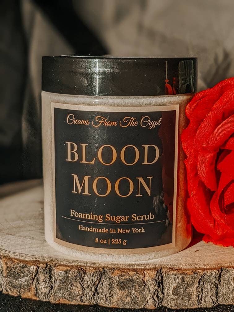 BLOOD MOON - Strawberry + Citrus Foaming sugar scrub, body polish, soap + exfoliant, fruity summer fragrance, sulfate free, gothic skincare