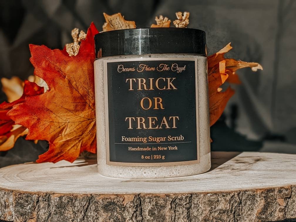 TRICK OR TREAT - Butterscotch Foaming sugar scrub, body polish, soap + exfoliant, fall fragrance, sulfate free, gothic skincare, Halloween