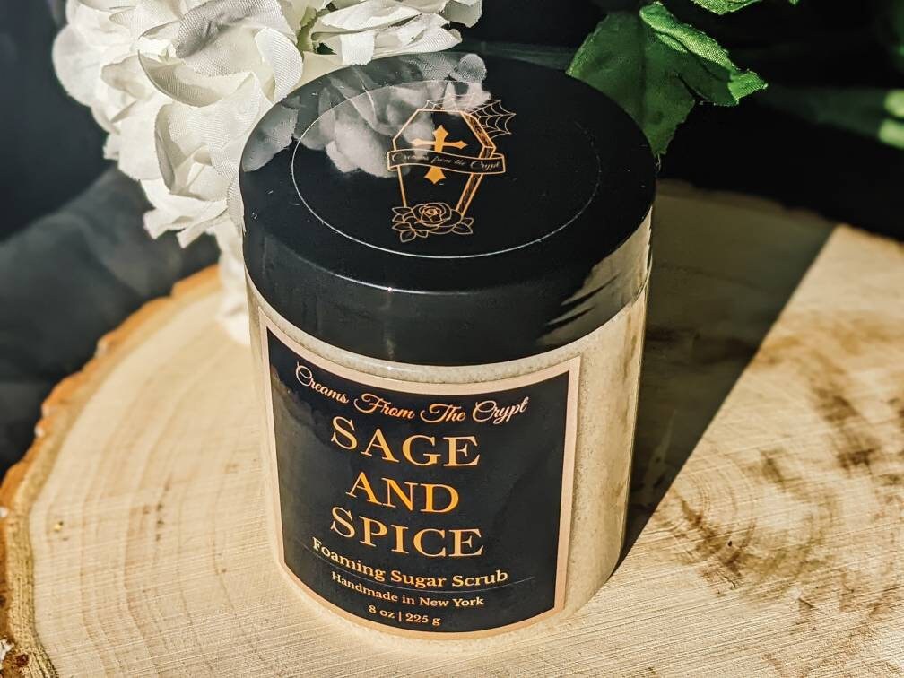 SAGE AND SPICE - Fir and Clove Foaming sugar scrub, body polish, soap + exfoliant, woodsy unisex fragrance, sulfate free, gothic skincare