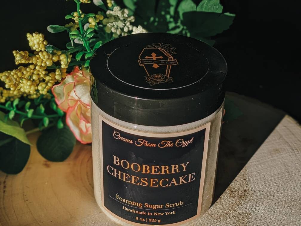 BOOBERRY CHEESECAKE - Blueberry Foaming sugar scrub, body polish, soap + exfoliant, fruity bakery fragrance, sulfate free, gothic skincare