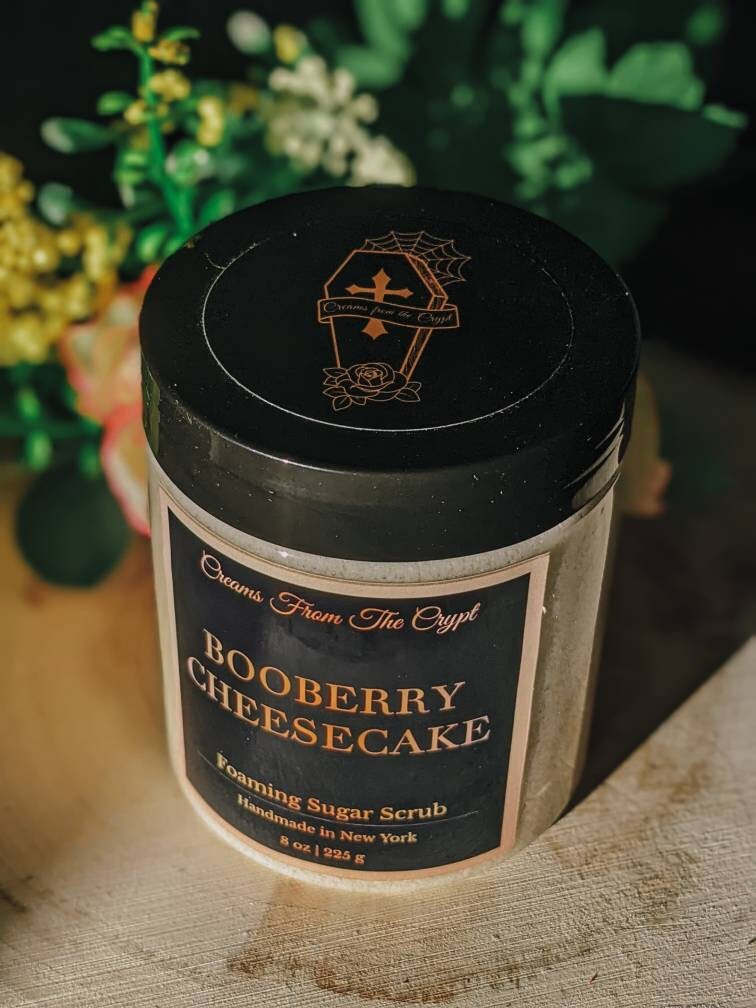 BOOBERRY CHEESECAKE - Blueberry Foaming sugar scrub, body polish, soap + exfoliant, fruity bakery fragrance, sulfate free, gothic skincare