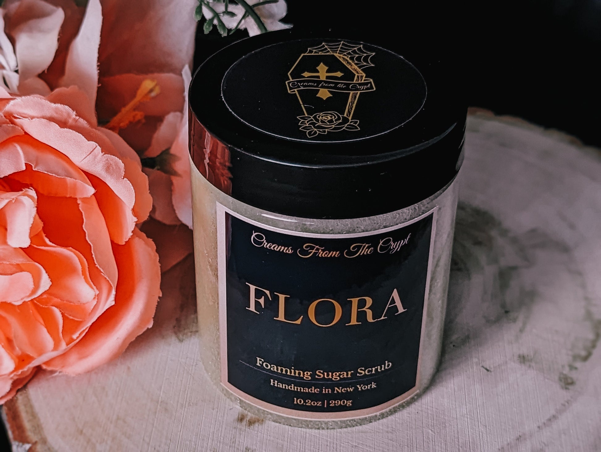 FLORA - Violet and rose scented foaming sugar scrub, body polish, soap + exfoliant, floral fragrance, spring skincare, sulfate free, summer
