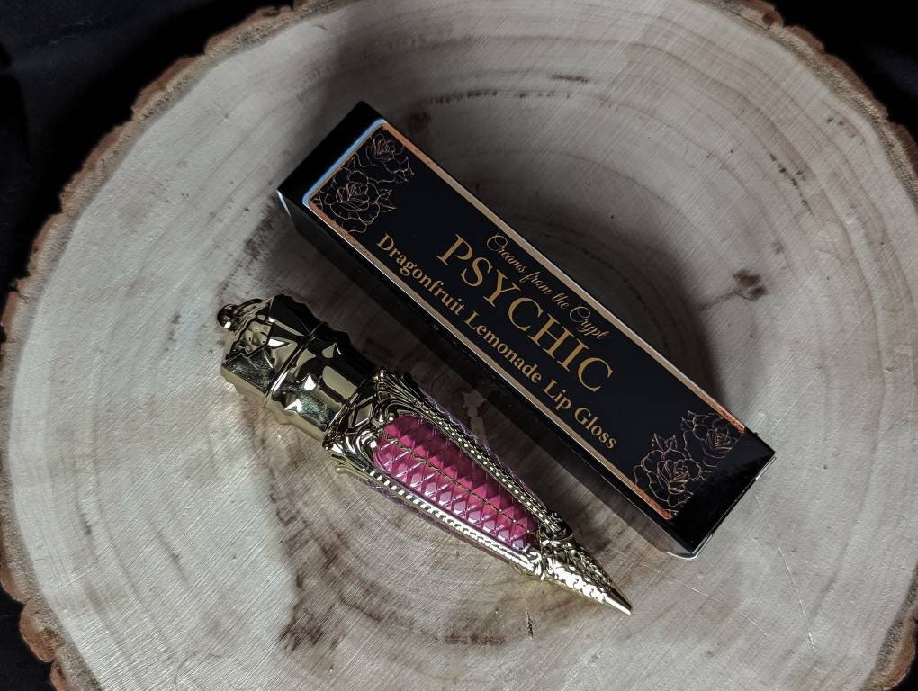PSYCHIC - Dragonfruit lemonade flavored lip gloss, scented, pink pigment, gothic cosmetics, gold, luxury lip color, vegan makeup, tinted