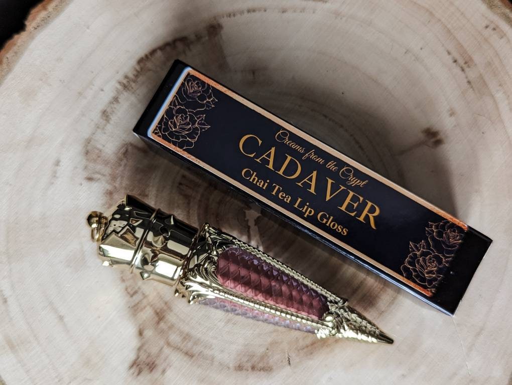 CADAVER - Chai tea flavored lip gloss, scented, nude pigment, gothic cosmetics, gold crown, luxury lip color, vegan makeup, tinted, gift