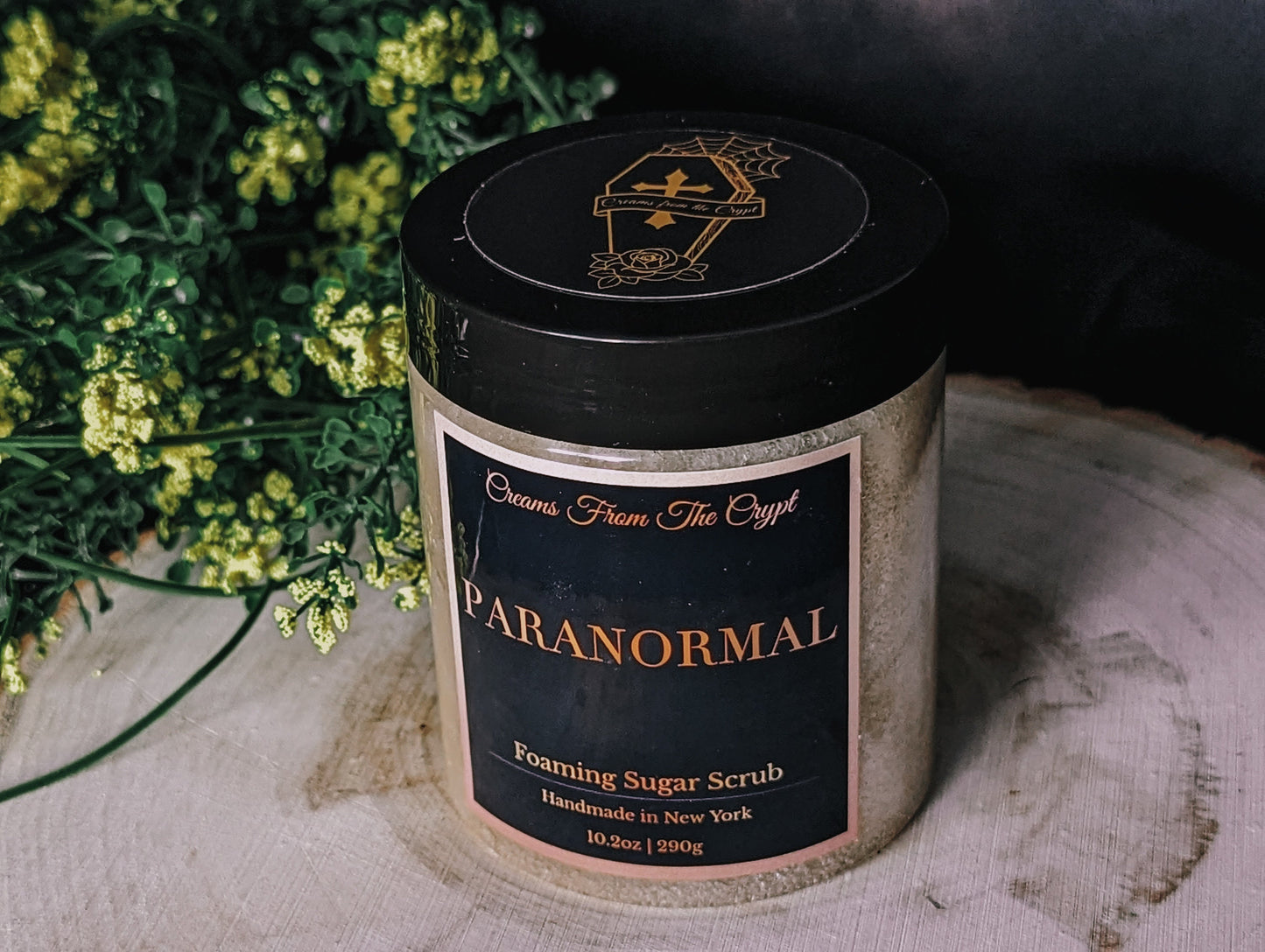 PARANORMAL - Plum and leather scented foaming sugar scrub, body polish, soap + exfoliant, earthy fragrance, spring, sulfate free, skincare