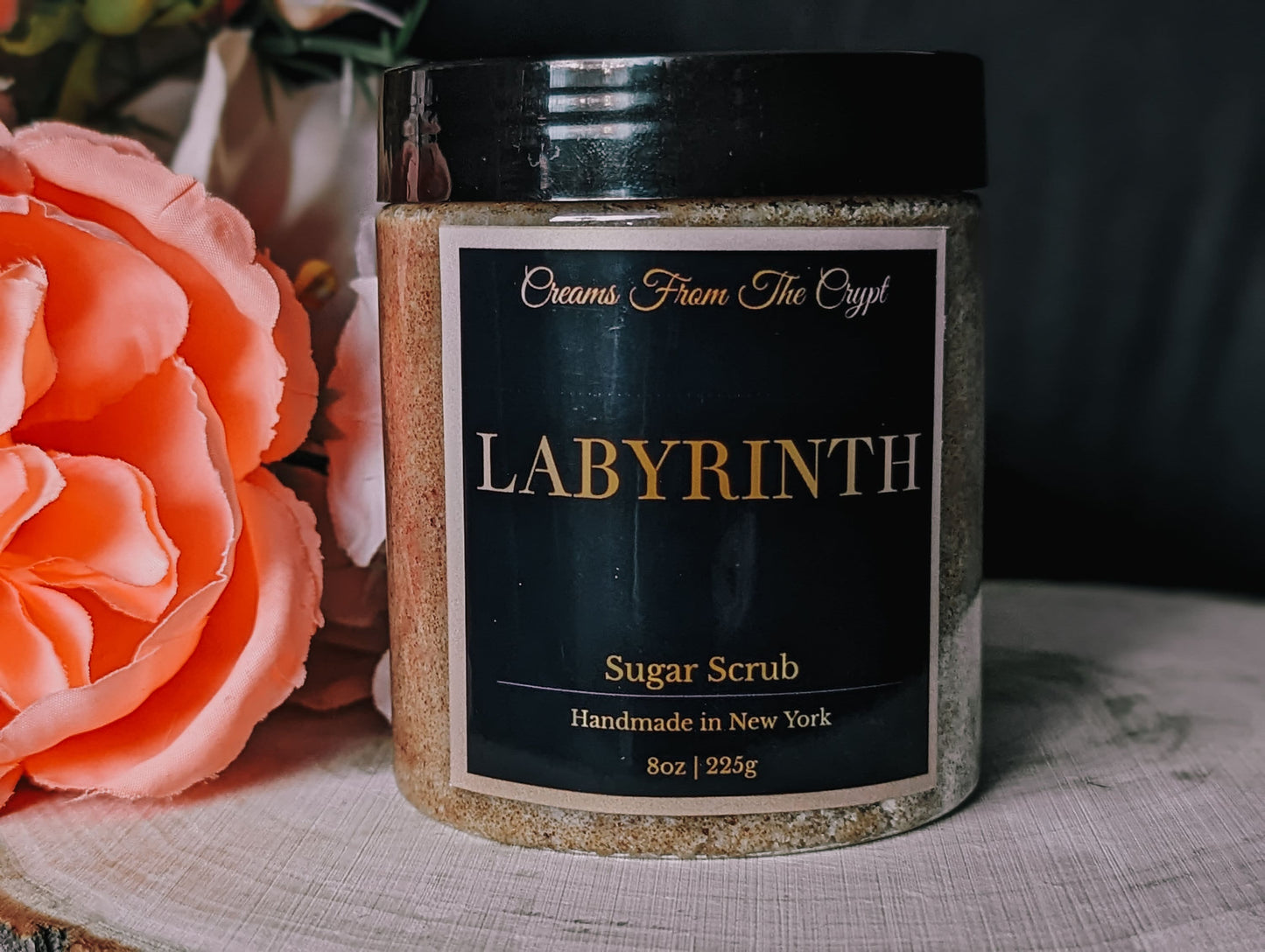 LABYRINTH - Peony and Suede Scented Sugar Scrub, Vegan skincare, Exfoliate, Shea, Mango Butter, Body Scrub, Floral Fragrance, Shower Gift