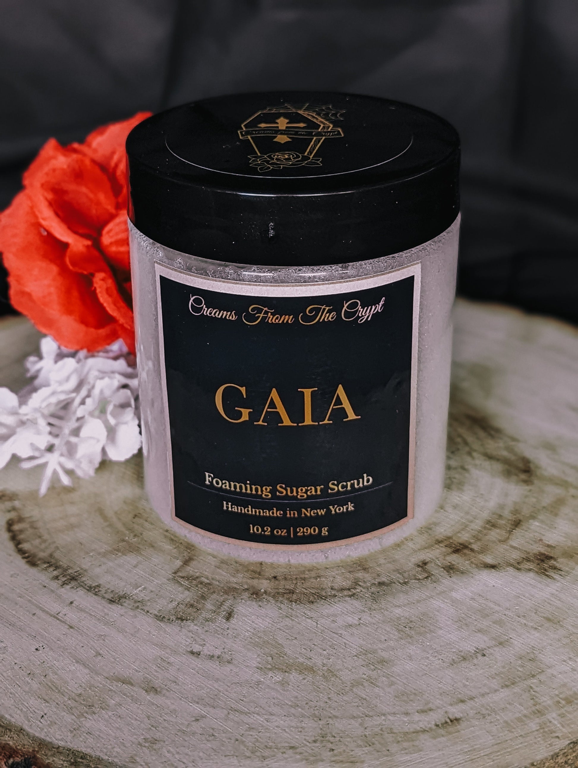 GAIA - Cherry almond scented foaming sugar scrub, body polish, soap and exfoliant, fruity fragrance, sulfate free, gothic skincare